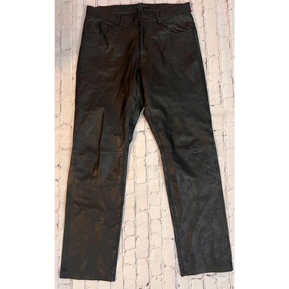 DKNY Women's Size 100% Leather Pants Black Straight Leg Trendy Chic Bikercore - Picture 2 of 4